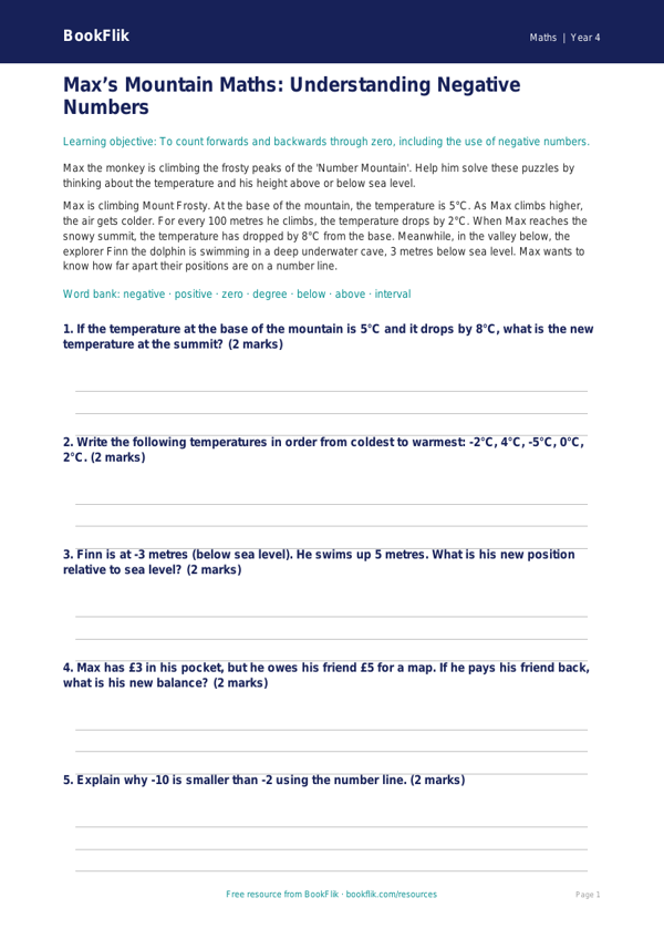 Free Negative Numbers Flashcards | Year 4 Core | BookFlik worksheet preview — Maths Negative Numbers