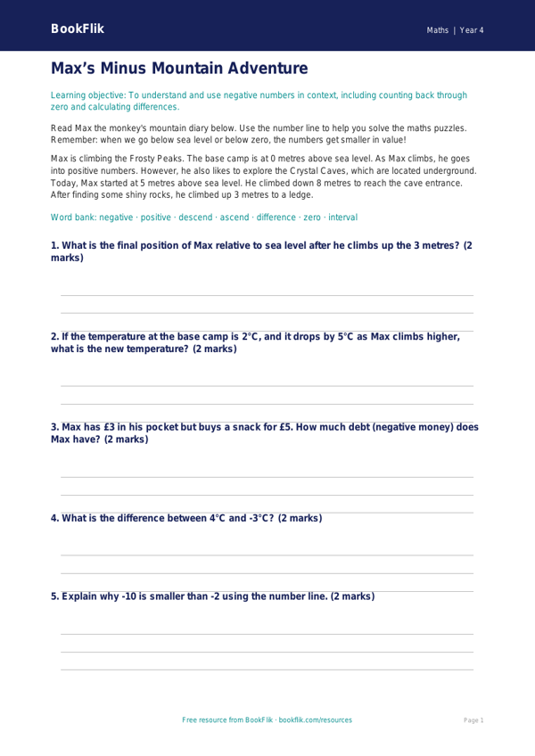 Free Negative Numbers Poster | Year 4 Core | BookFlik worksheet preview — Maths Negative Numbers
