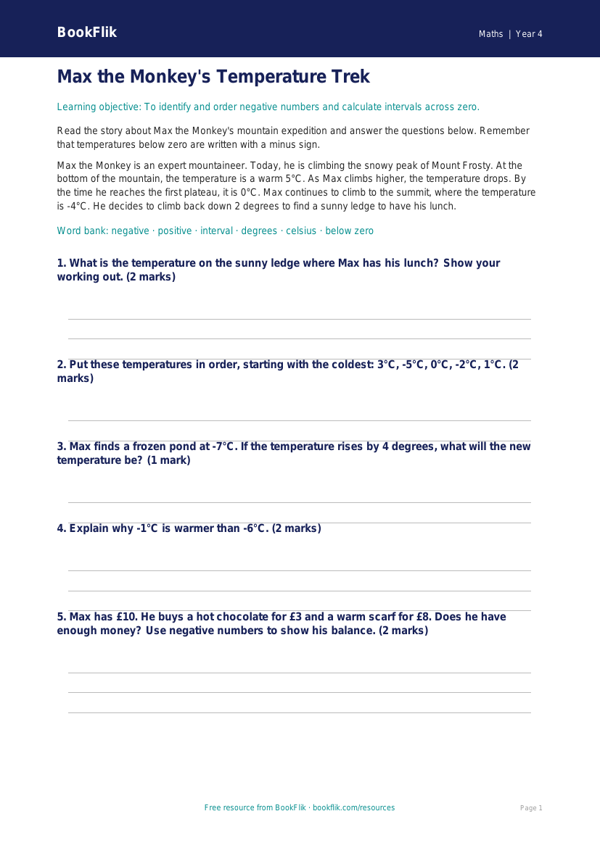 Free Negative Numbers Quiz | Year 4 Core | BookFlik worksheet preview — Maths Negative Numbers