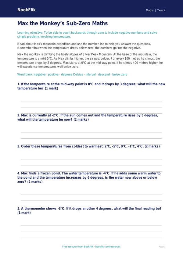 Free Negative Numbers Template | Year 4 Core | BookFlik worksheet preview — Maths Negative Numbers