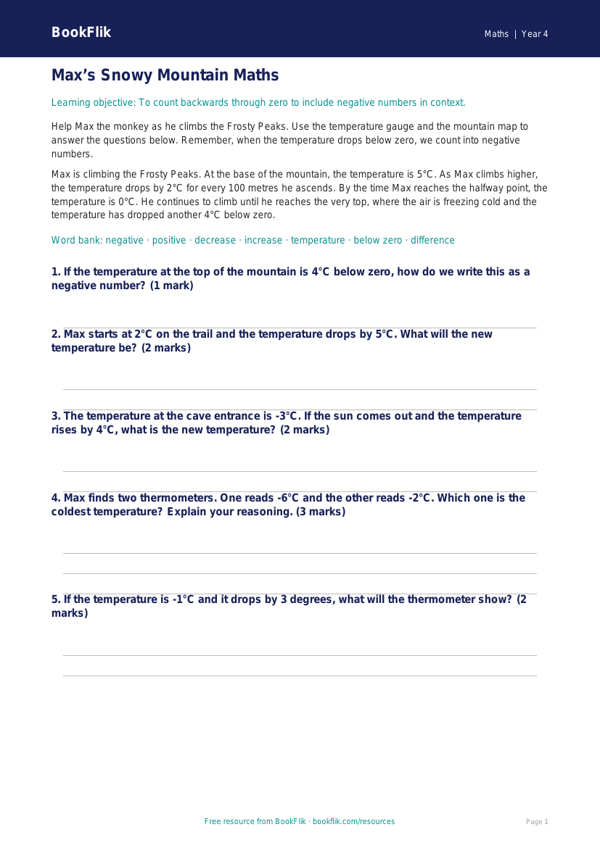 Free Negative Numbers Track Sheet | Year 4 Core | BookFlik worksheet preview — Maths Negative Numbers