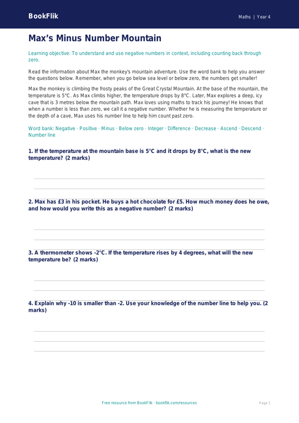 Free Negative Numbers Word Mat | Year 4 Core | BookFlik worksheet preview — Maths Negative Numbers
