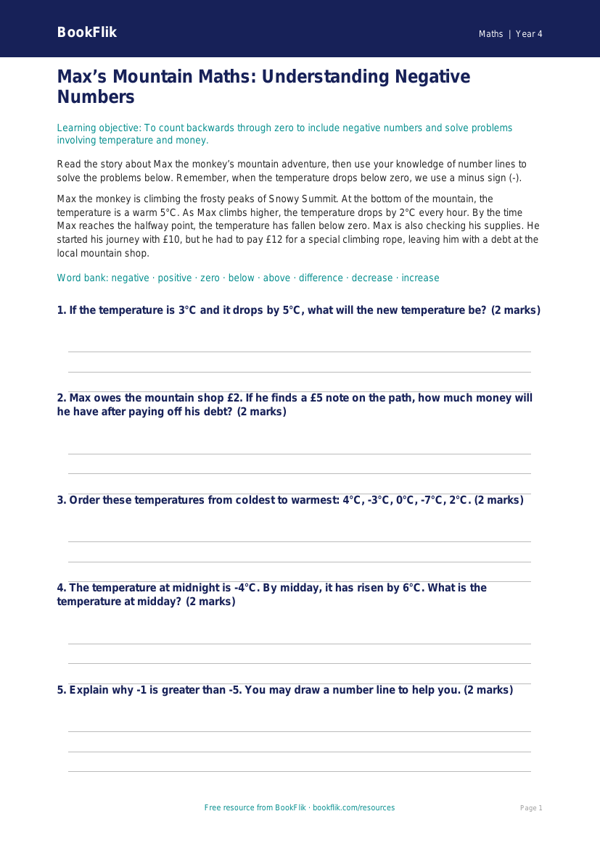 Free Negative Numbers Worksheet | Year 4 Core | BookFlik worksheet preview — Maths Negative Numbers