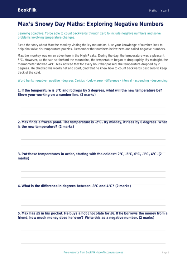 Free Negative Numbers Writing Frame | Year 4 Core | BookFlik worksheet preview — Maths Negative Numbers
