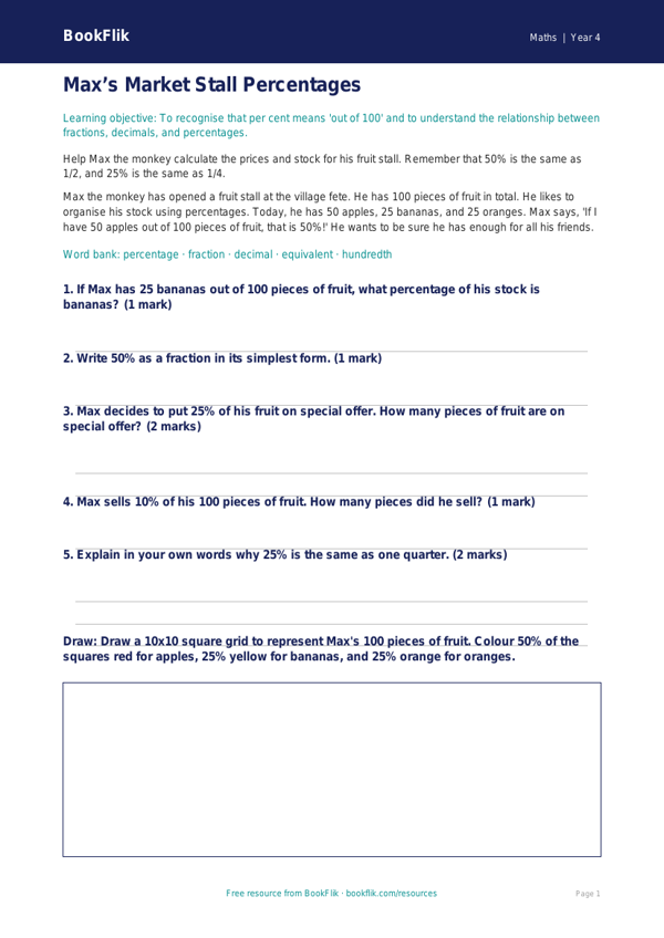 Free Percentages Activity Sheet | Year 4 Core | BookFlik worksheet preview — Maths Percentages