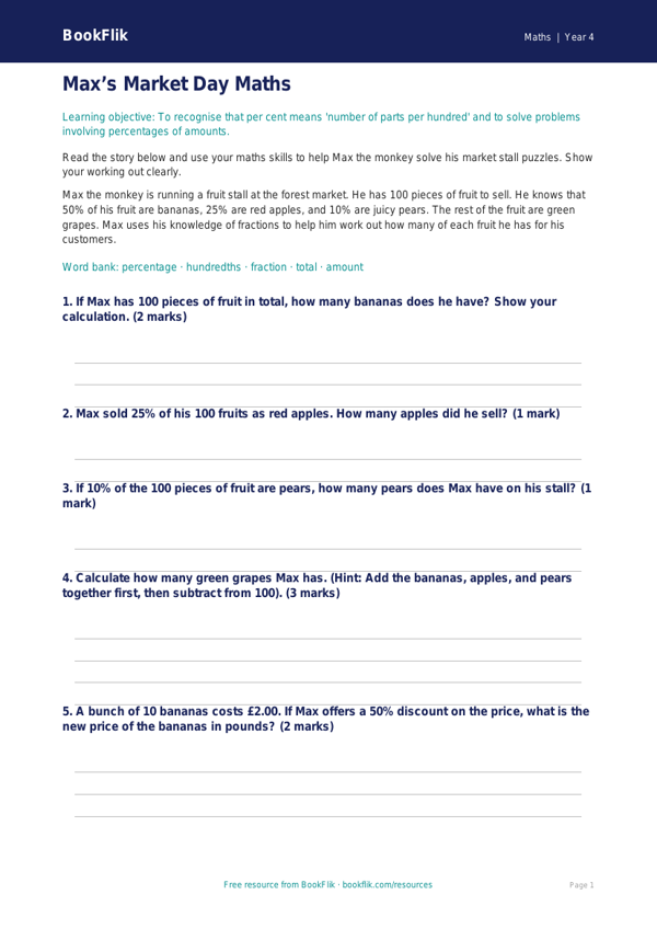 Free Percentages Assessment | Year 4 Core | BookFlik worksheet preview — Maths Percentages