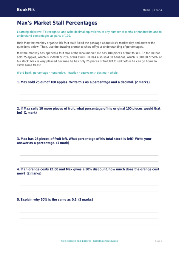 Free Percentages Colouring Page | Year 4 Core | BookFlik worksheet preview — Maths Percentages