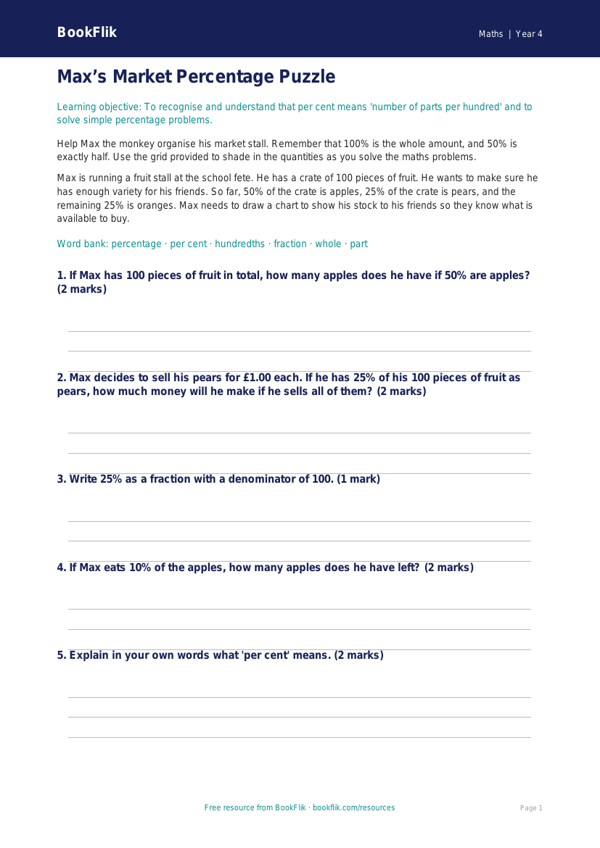 Free Percentages Drawing Sheet | Year 4 Core | BookFlik worksheet preview — Maths Percentages