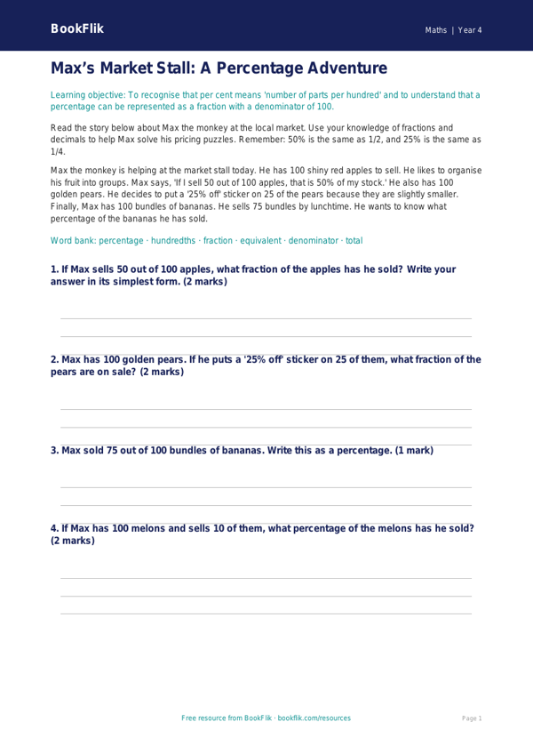 Free Percentages Flashcards | Year 4 Core | BookFlik worksheet preview — Maths Percentages