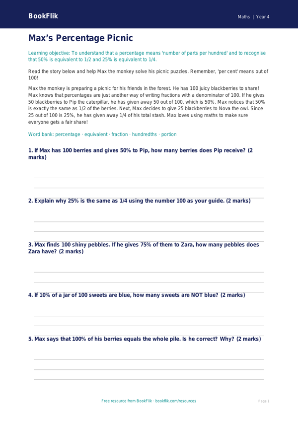 Free Percentages Poster | Year 4 Core | BookFlik worksheet preview — Maths Percentages