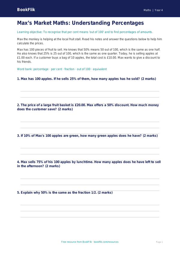 Free Percentages Quiz | Year 4 Core | BookFlik worksheet preview — Maths Percentages