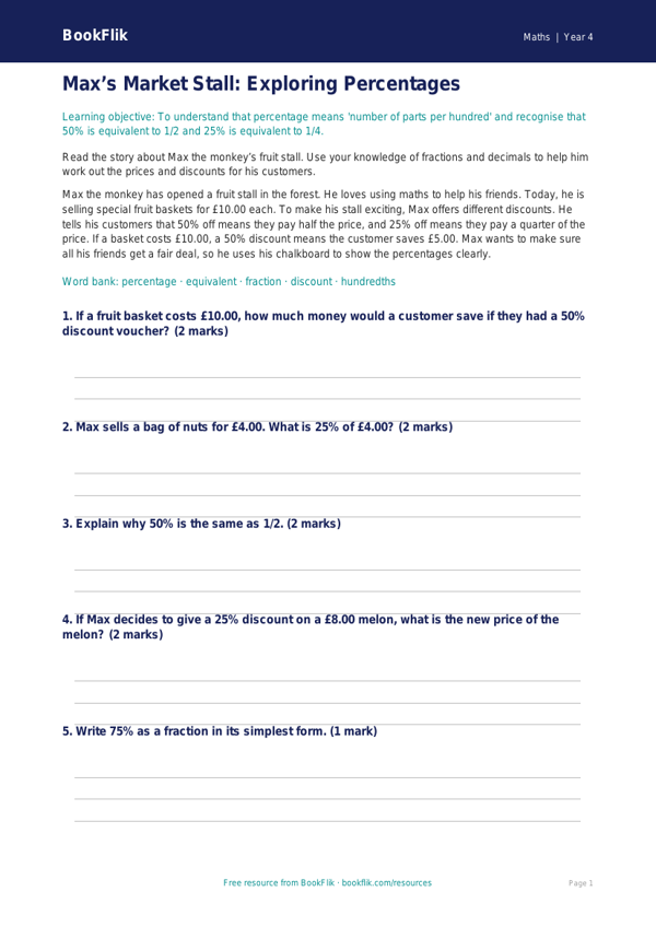 Free Percentages Worksheet | Year 4 Math Practice | BookFlik worksheet preview — Maths Percentages