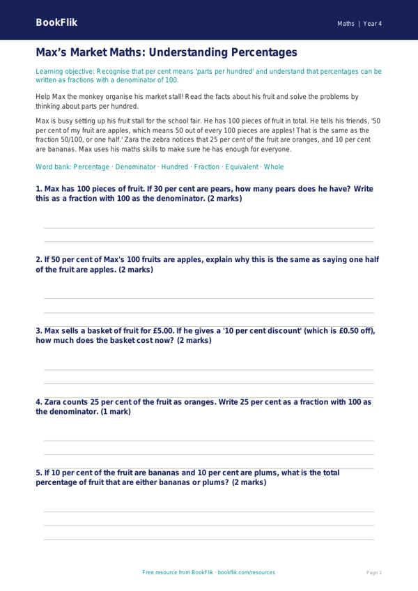 Free Percentages Track Sheet | Year 4 Core | BookFlik worksheet preview — Maths Percentages