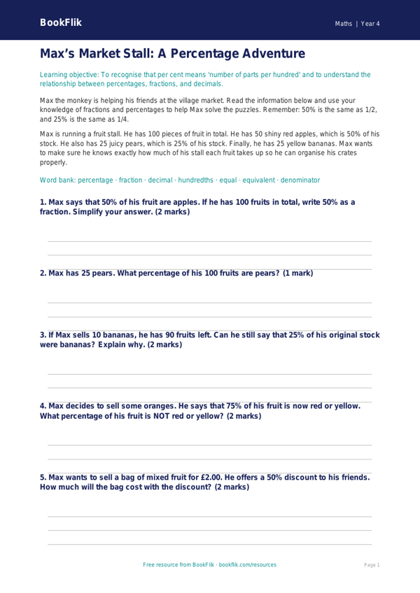 Free Percentages Writing Frame | Year 4 Core | BookFlik worksheet preview — Maths Percentages