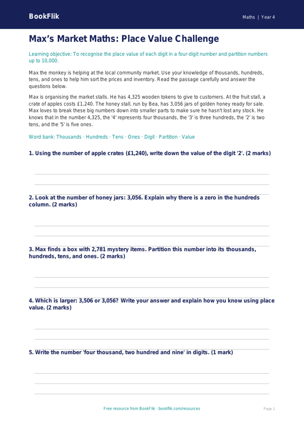 Free Place Value Activity Sheet | Year 4 Core | BookFlik worksheet preview — Maths Place Value