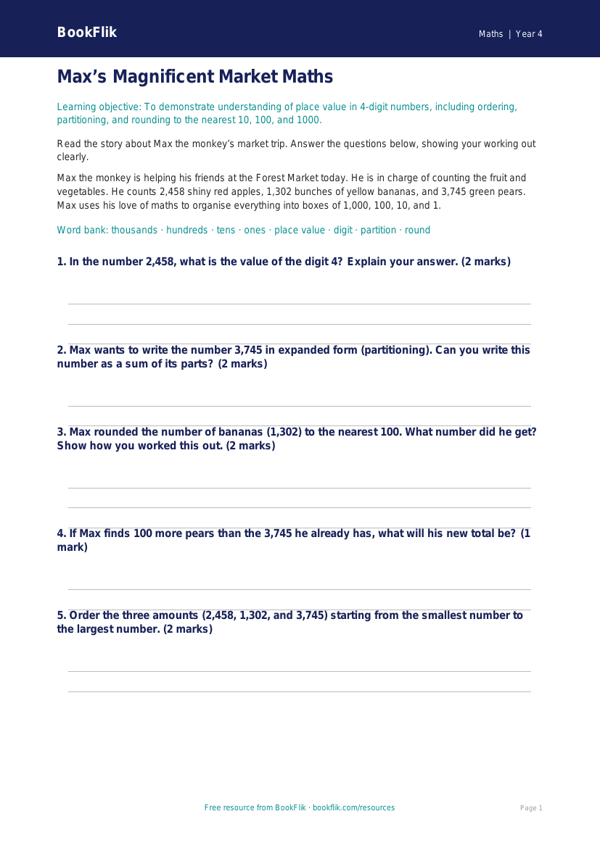 Free Place Value Assessment | Year 4 Core | BookFlik worksheet preview — Maths Place Value