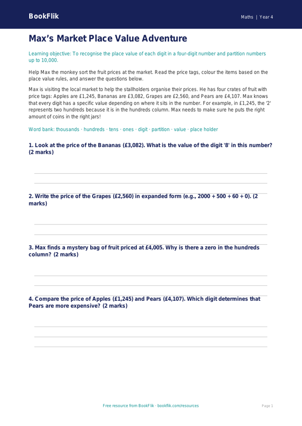 Free Place Value Colouring Page | Year 4 Core | BookFlik worksheet preview — Maths Place Value