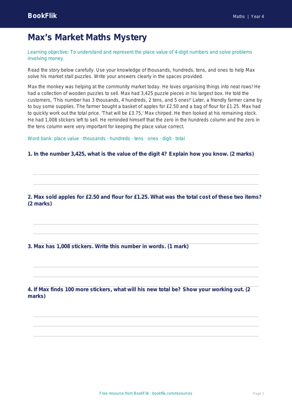 Free Place Value Comprehension | Year 4 Core | BookFlik worksheet preview — Maths Place Value