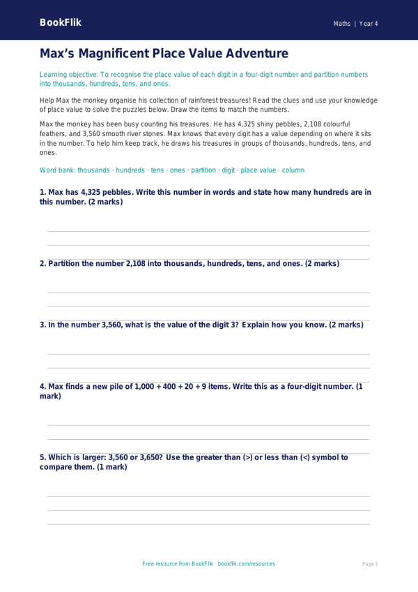 Free Place Value Drawing Sheet | Year 4 Core | BookFlik worksheet preview — Maths Place Value