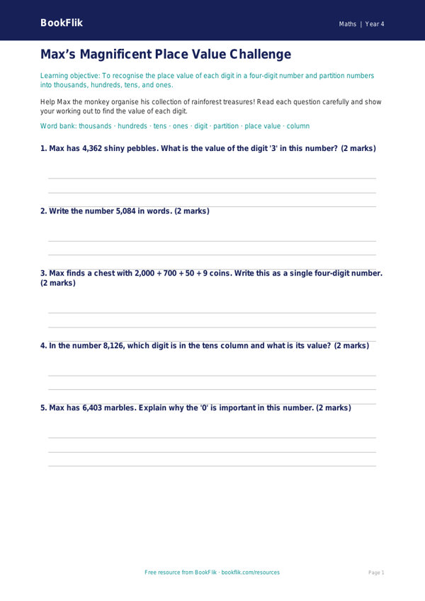 Free Place Value Flashcards | Year 4 Core | BookFlik worksheet preview — Maths Place Value