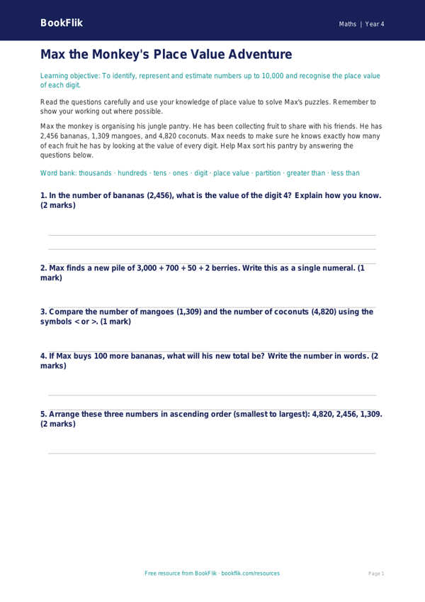 Free Place Value Quiz | Year 4 Core | BookFlik worksheet preview — Maths Place Value