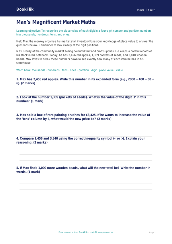 Free Place Value Template | Year 4 Core | BookFlik worksheet preview — Maths Place Value