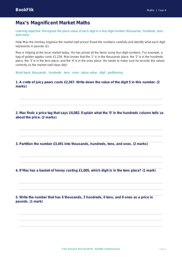 Free Place Value Track Sheet | Year 4 Core | BookFlik worksheet preview — Maths Place Value