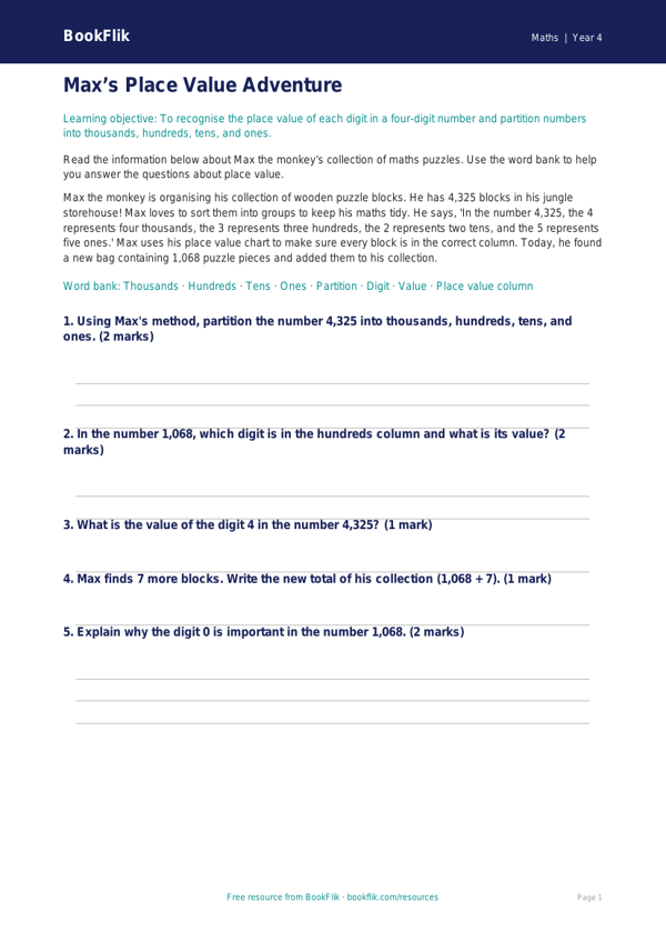 Free Place Value Word Mat | Year 4 Core | BookFlik worksheet preview — Maths Place Value
