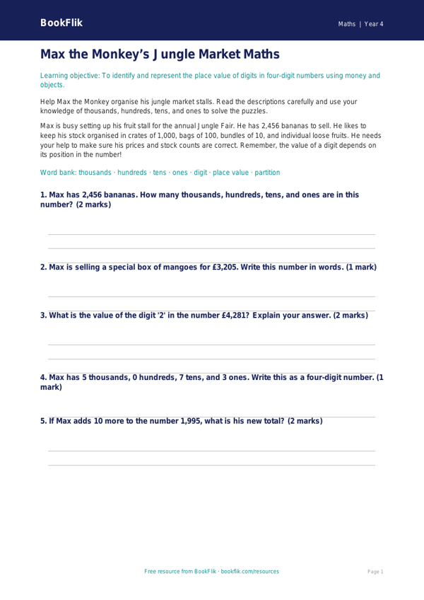 Free Place Value Worksheet | Year 4 Core | BookFlik worksheet preview — Maths Place Value