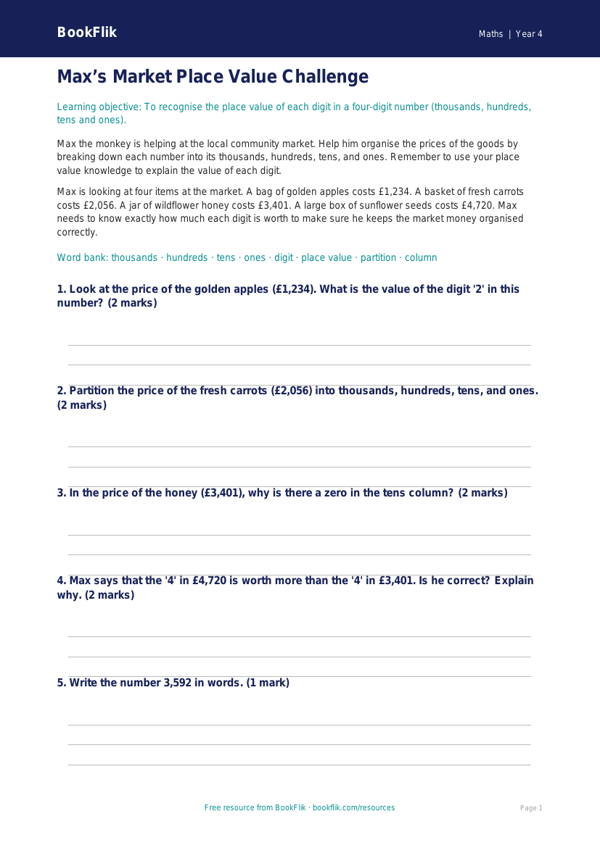 Free Place Value Writing Frame | Year 4 Core | BookFlik worksheet preview — Maths Place Value