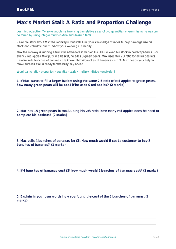 Free Ratio And Proportion Assessment | Year 4 Core | BookFlik worksheet preview — Maths Ratio And Proportion