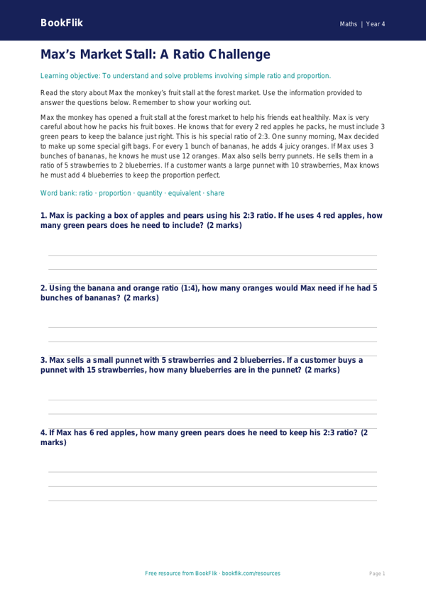 Free Ratio And Proportion Comprehension | Year 4 Core | BookFlik worksheet preview — Maths Ratio And Proportion