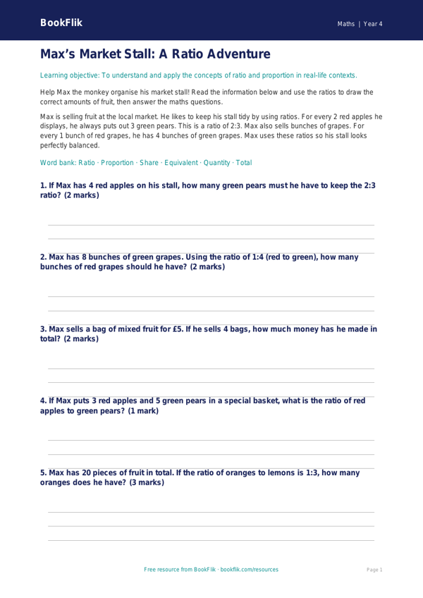 Free Ratio And Proportion Drawing Sheet | Year 4 Core | BookFlik worksheet preview — Maths Ratio And Proportion