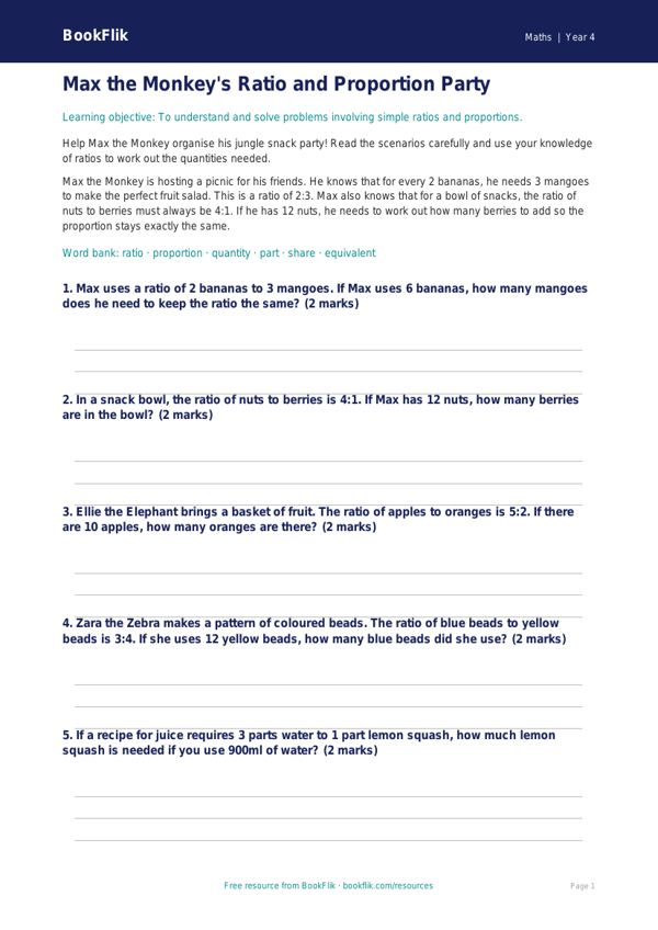 Free Ratio And Proportion Flashcards | Year 4 Core | BookFlik worksheet preview — Maths Ratio And Proportion