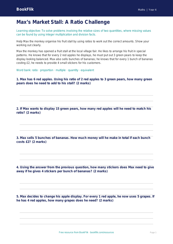 Free Ratio And Proportion Quiz | Year 4 Core | BookFlik worksheet preview — Maths Ratio And Proportion