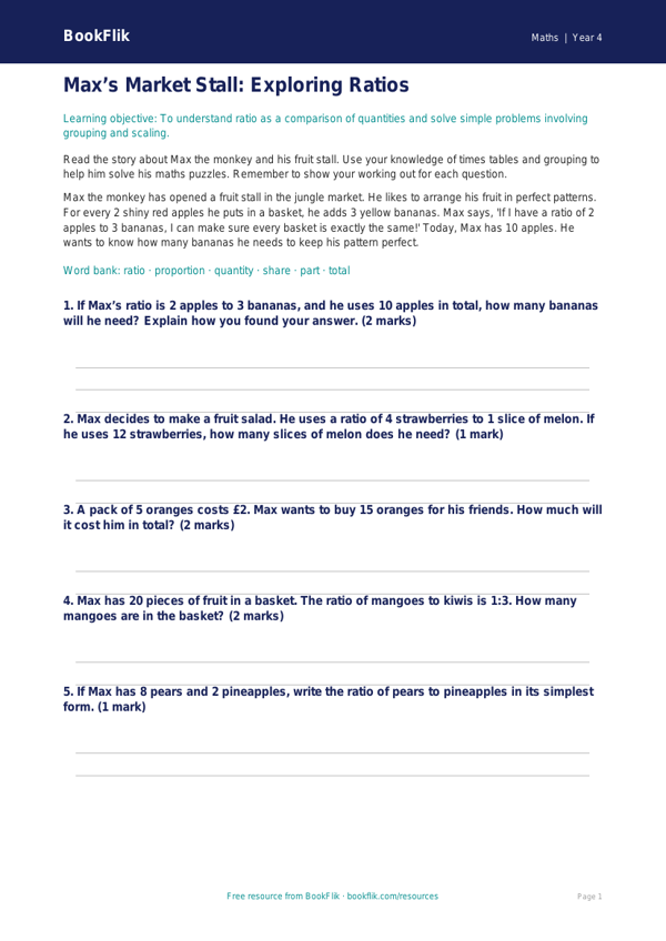 Free Ratio And Proportion Template | Year 4 Core | BookFlik worksheet preview — Maths Ratio And Proportion