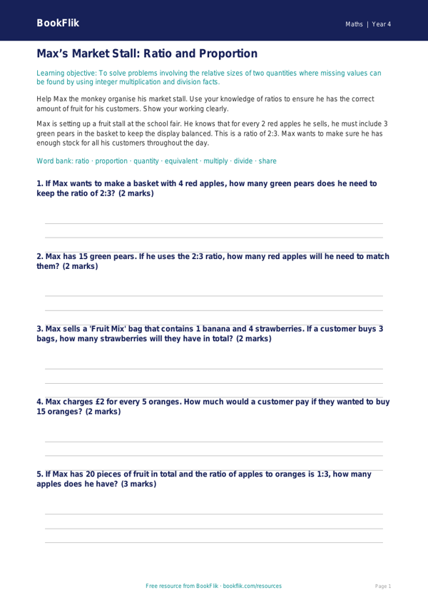 Free Ratio And Proportion Track Sheet | Year 4 Core | BookFlik worksheet preview — Maths Ratio And Proportion
