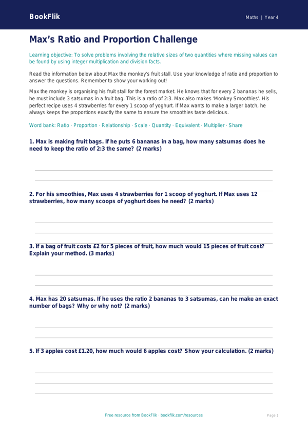 Free Ratio And Proportion Word Mat | Year 4 Core | BookFlik worksheet preview — Maths Ratio And Proportion