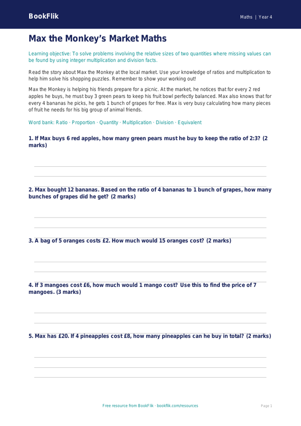 Free Ratio And Proportion Worksheet | Year 4 Core | BookFlik worksheet preview — Maths Ratio And Proportion