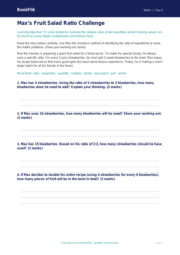 Free Ratio And Proportion Writing Frame | Year 4 Core | BookFlik worksheet preview — Maths Ratio And Proportion