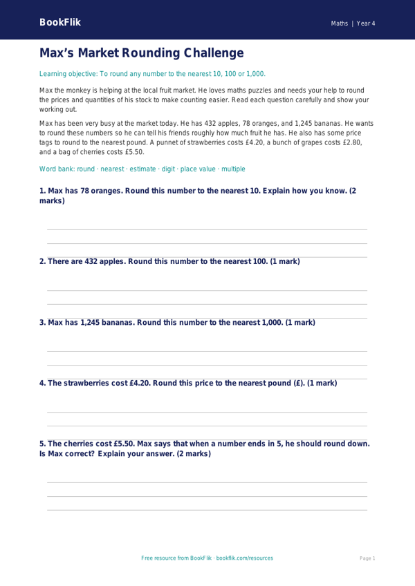 Free Rounding Activity Sheet | Year 4 Core | BookFlik worksheet preview — Maths Rounding