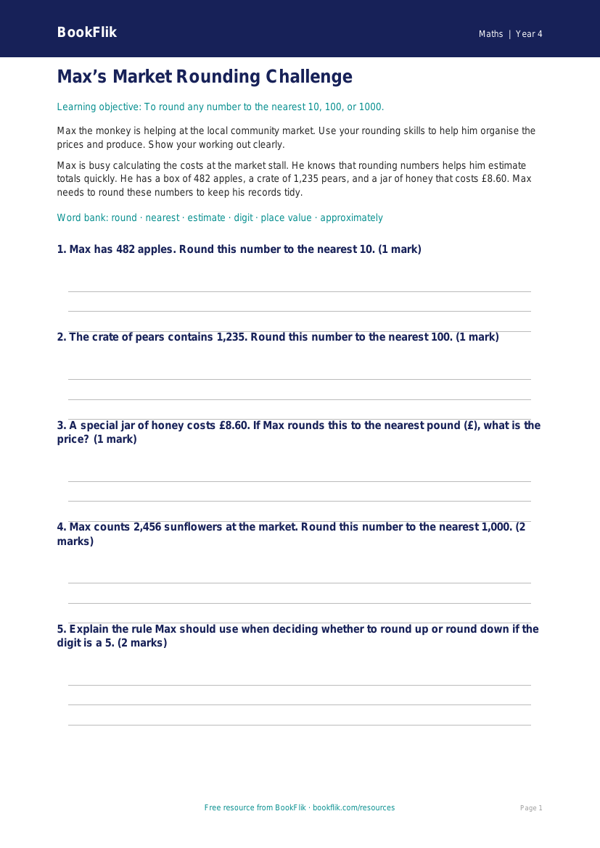 Free Rounding Assessment | Year 4 Core | BookFlik worksheet preview — Maths Rounding