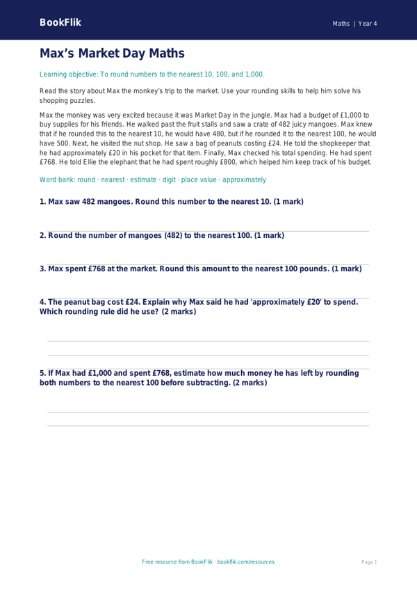 Free Rounding Comprehension | Year 4 Core | BookFlik worksheet preview — Maths Rounding