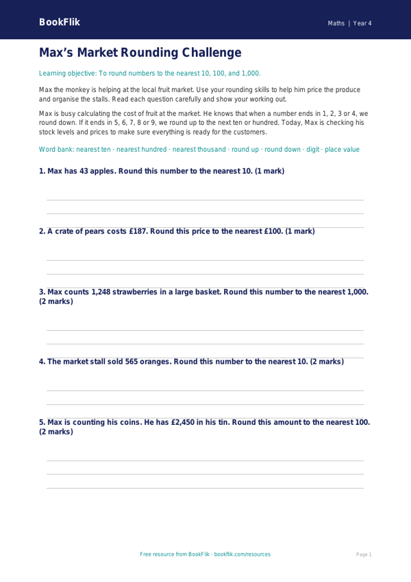 Free Rounding Quiz | Year 4 Core | BookFlik worksheet preview — Maths Rounding