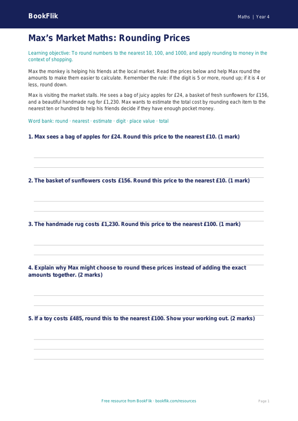 Free Rounding Template | Year 4 Core | BookFlik worksheet preview — Maths Rounding