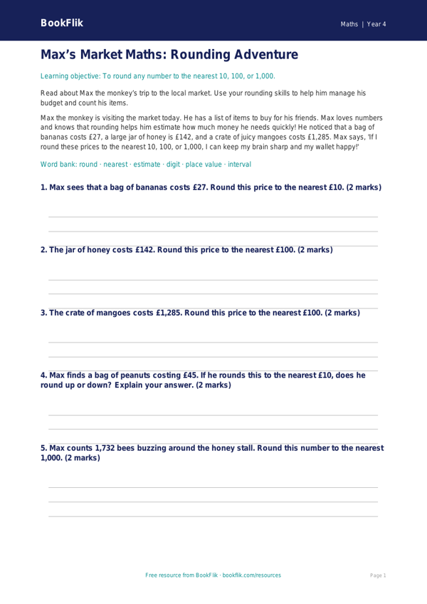 Free Rounding Worksheet | Year 4 Core | BookFlik worksheet preview — Maths Rounding