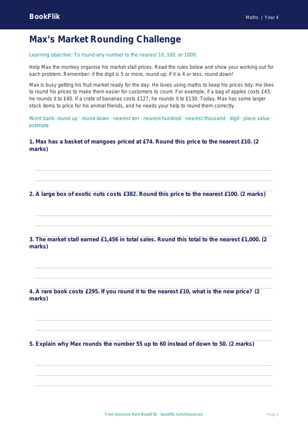 Free Rounding Writing Frame | Year 4 Core | BookFlik worksheet preview — Maths Rounding