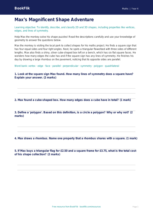 Free Shape Activity Sheet | Year 4 Core | BookFlik worksheet preview — Maths Shape