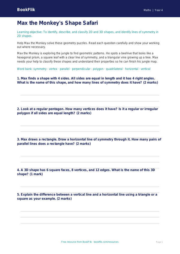 Free Shape Assessment | Year 4 Core | BookFlik worksheet preview — Maths Shape