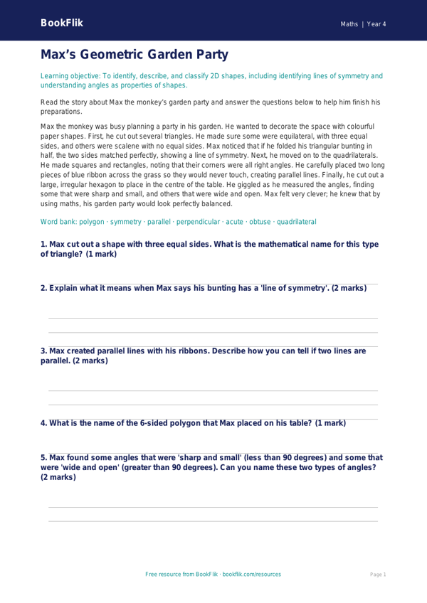 Free Shape Comprehension Worksheet | Year 4 Math | BookFlik worksheet preview — Maths Shape